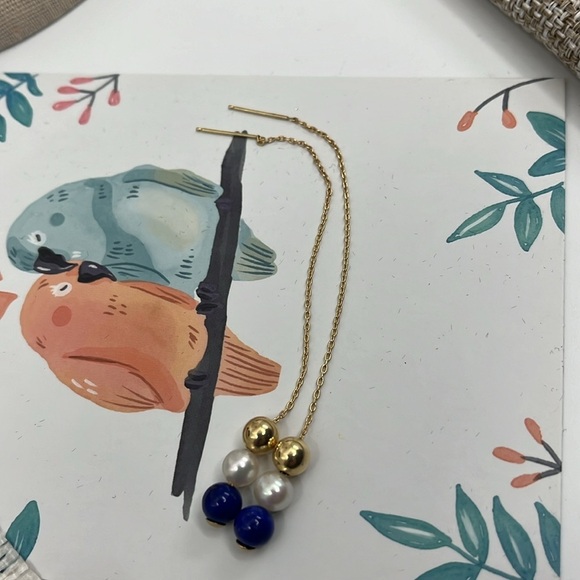 14K Gold Mexico Stamped Threader Earrings with Lapis Lazuli and Pearl Beads - Picture 10 of 11